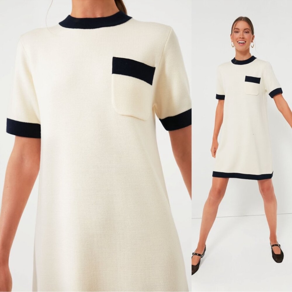 Tuckernuck Ivory Knit Shift Dress with Navy Trim